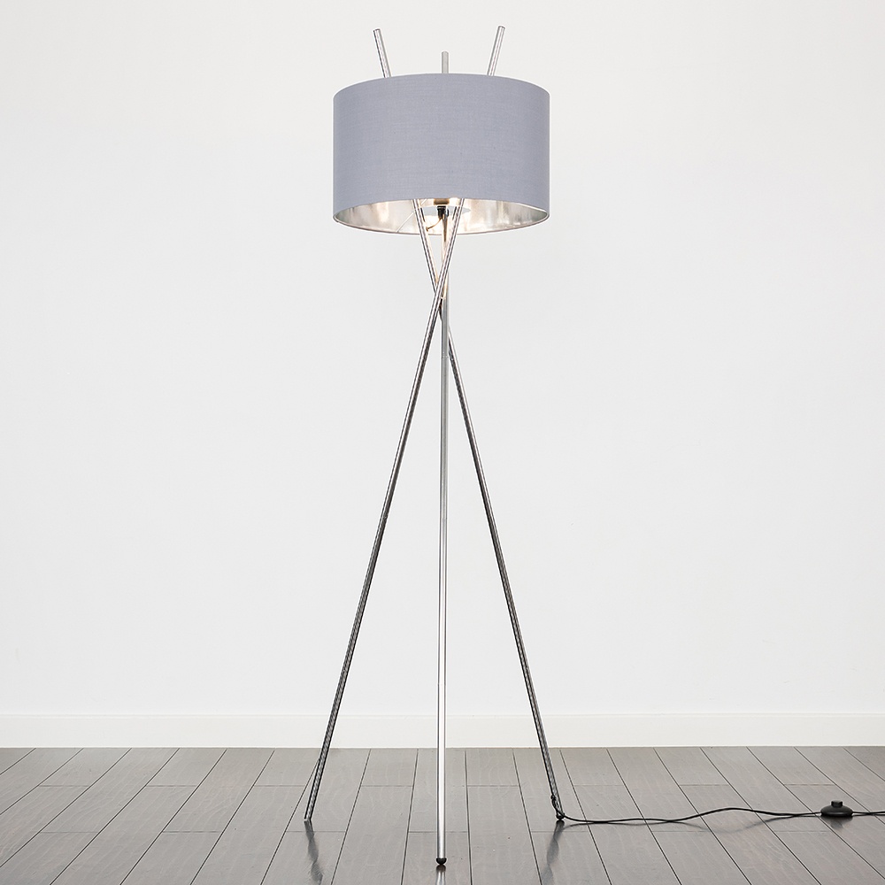 Crawford Chrome Tripod Floor Lamp with XL Grey and Chrome Reni Shade