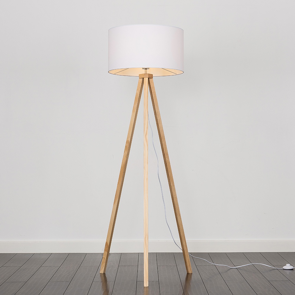 Barbro Light Wood Tripod Floor Lamp with XL White Reni Shade