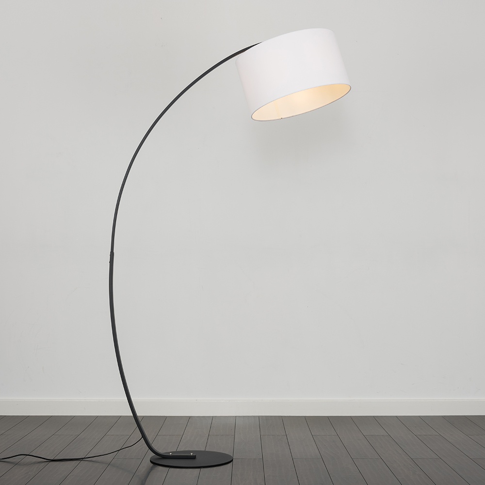 Rousse Matt Black Curved Floor Lamp with XL White Reni Shade