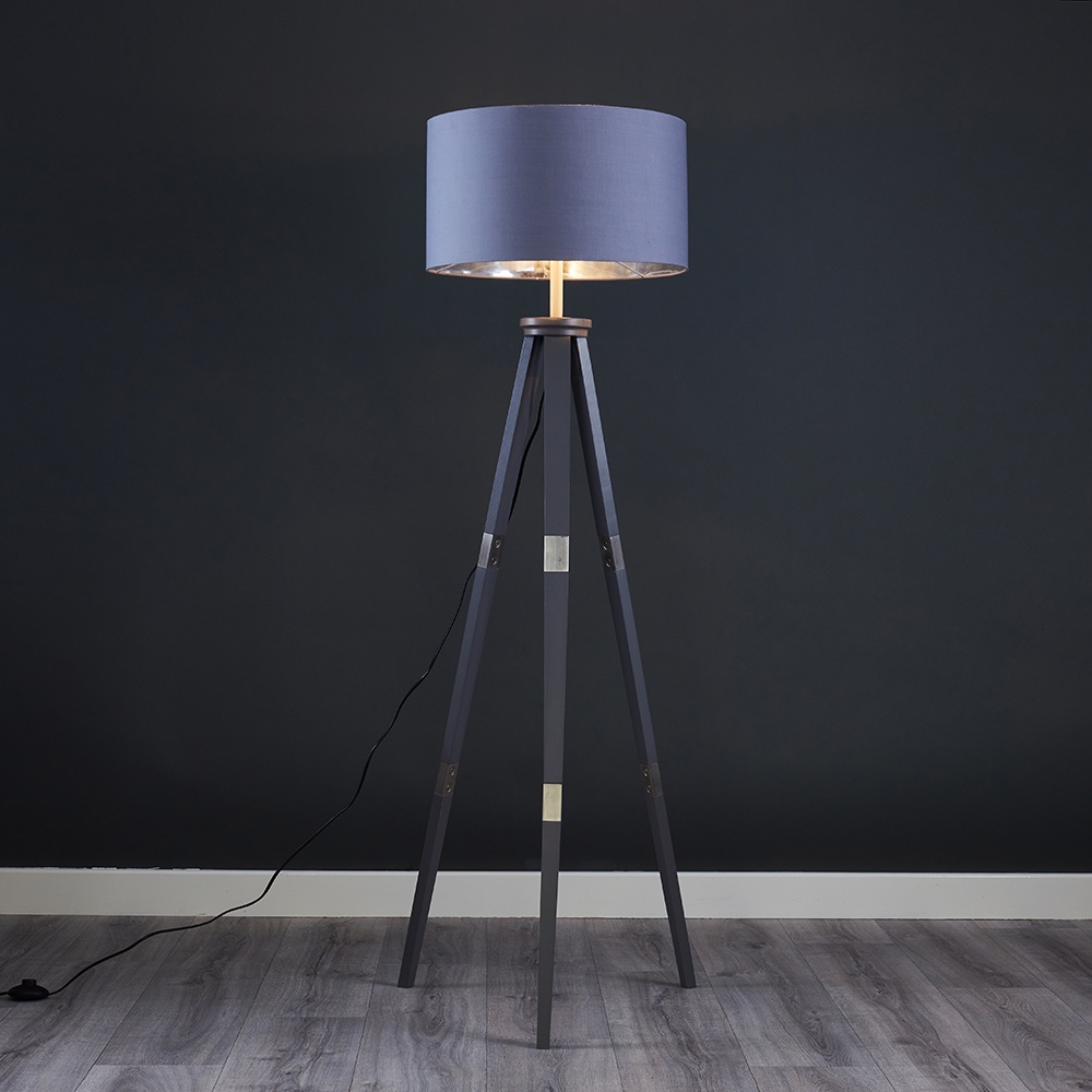Willow Grey Tripod Floor Lamp with XL Grey and Chrome Reni Shade
