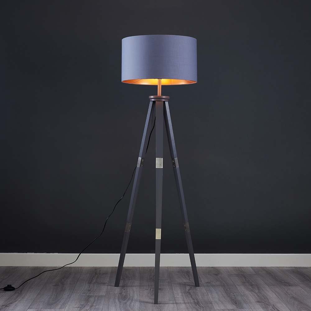 Willow Grey Tripod Floor Lamp with XL Grey and Copper Reni Shade