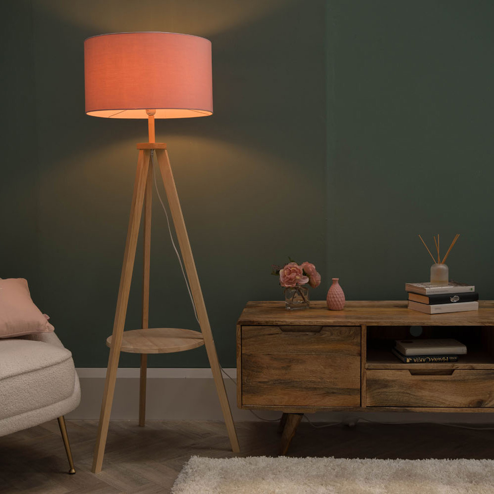 Morrigan Light Wood Tripod Floor Lamp with XL Pink Reni Shade