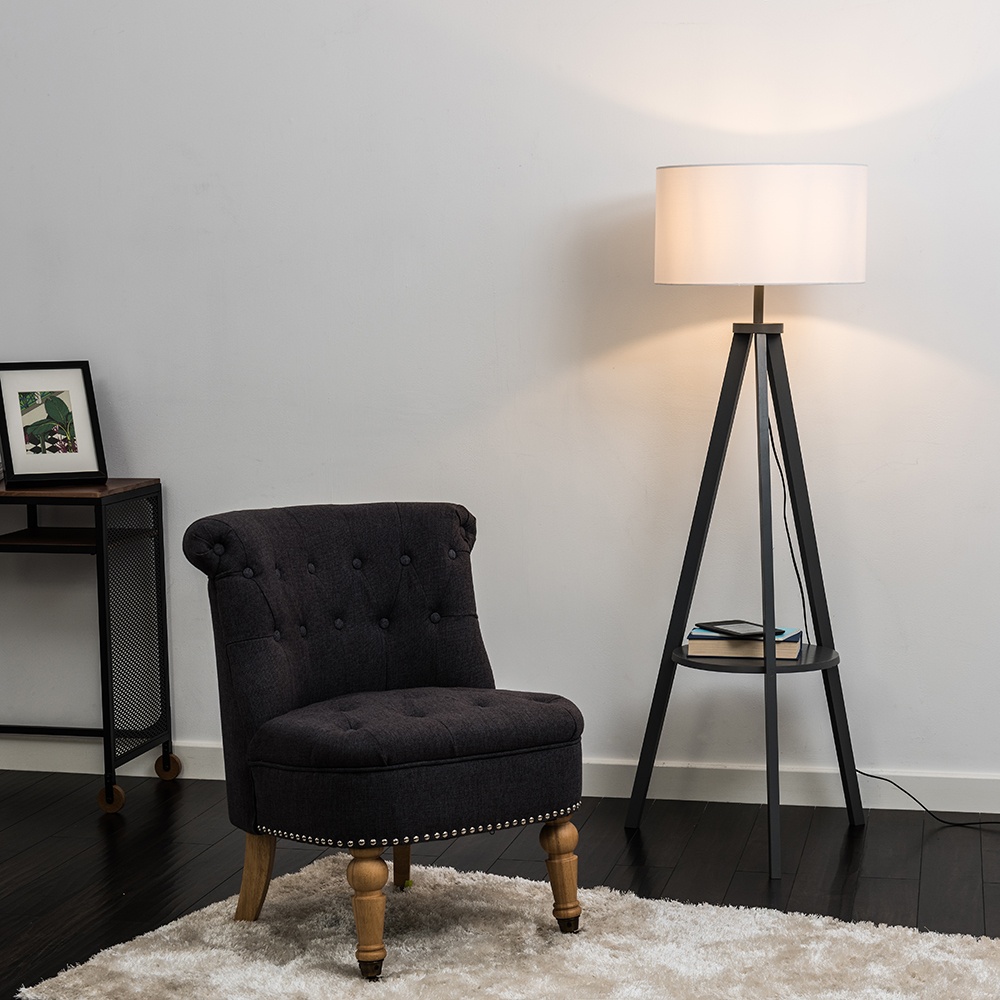 Morrigan Grey Wood Tripod Floor Lamp with XL White Reni Shade