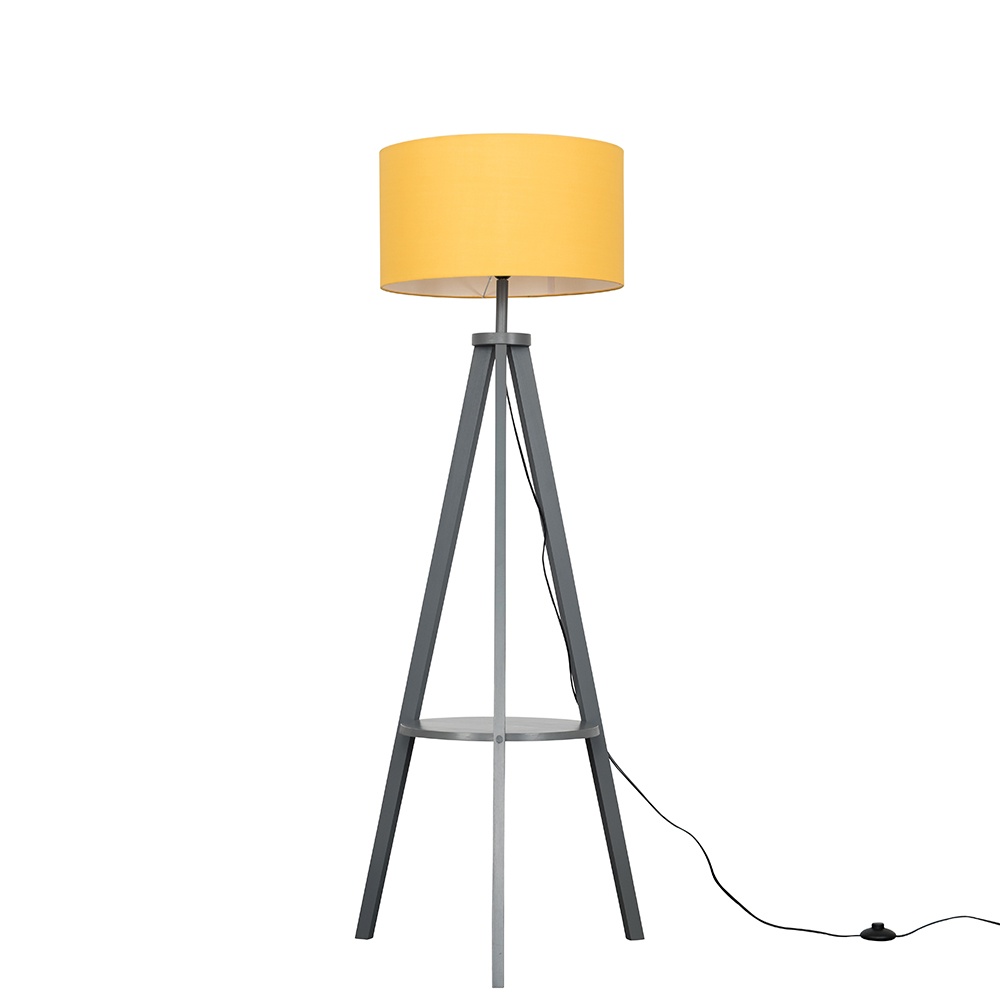 Morrigan Grey Wood Tripod Floor Lamp with XL Mustard Reni Shade