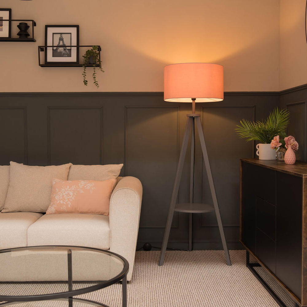 Morrigan Grey Wood Tripod Floor Lamp with XL Pink Reni Shade