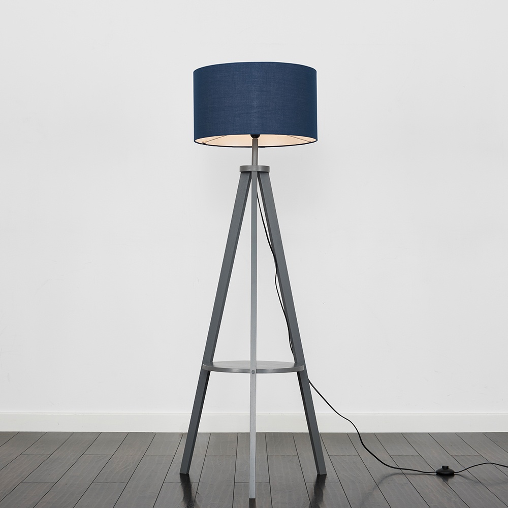 Morrigan Grey Wood Tripod Floor Lamp with XL Navy Blue Reni Shade