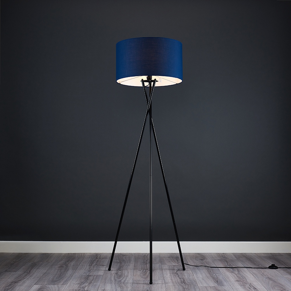 Camden Black Tripod Floor Lamp with XL Navy Blue Reni Shade