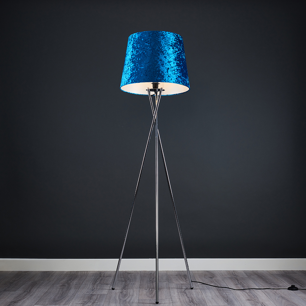 Camden Chrome Tripod Floor Lamp with XL Mid Blue Velvet Aspen Shade