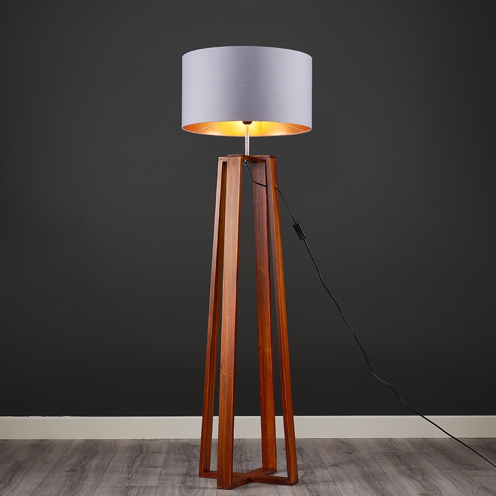 Beltane Dark Wood Floor Lamp with XL Grey and Copper Reni Shade