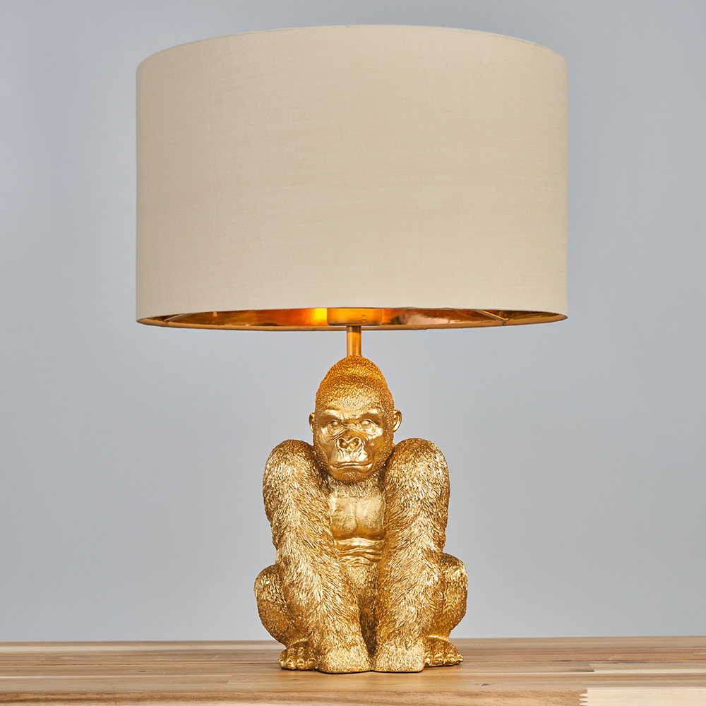 King Gorilla Table Lamp in Gold with Beige and Gold Reni Shade
