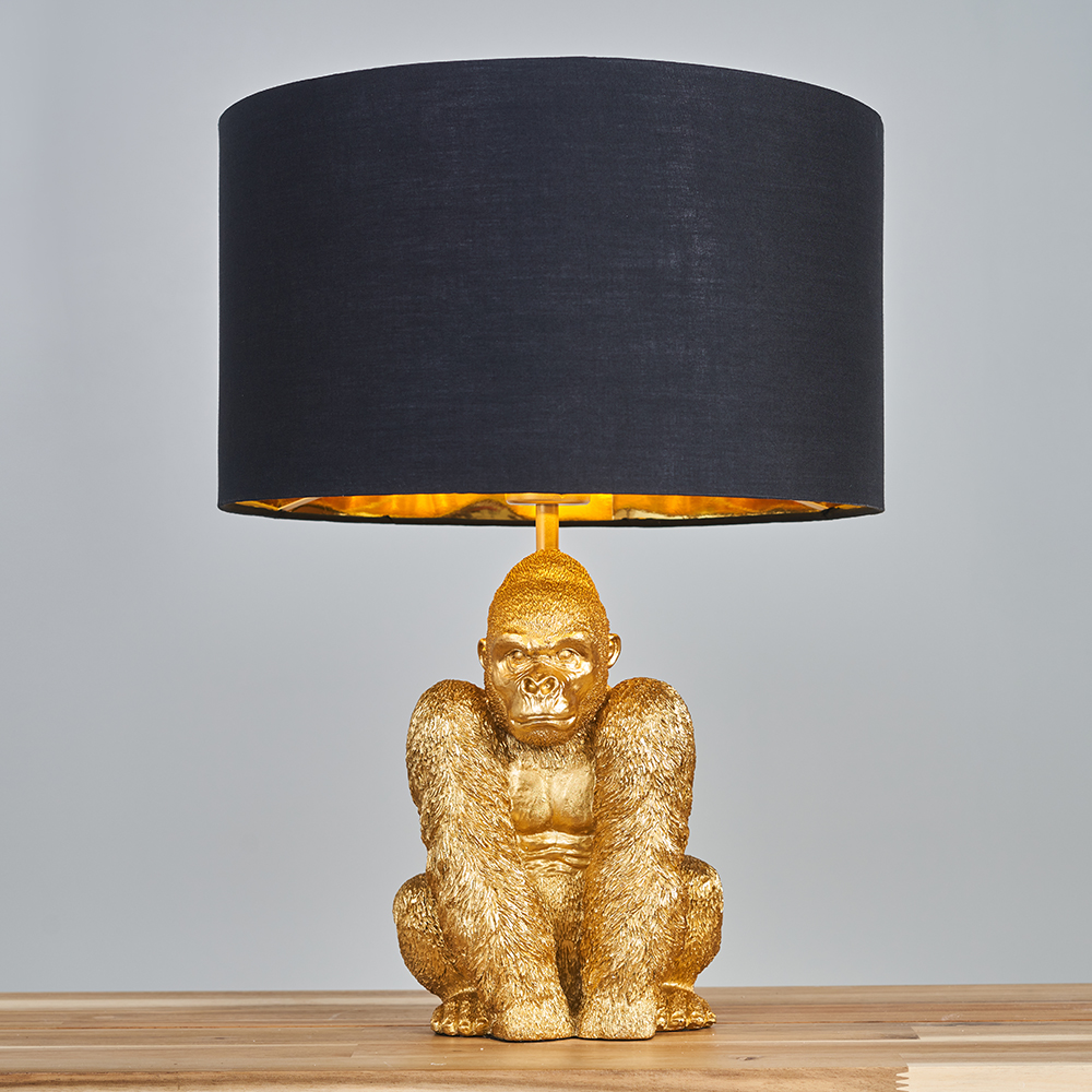 King Gorilla Table Lamp in Gold with Black and Gold Reni Shade