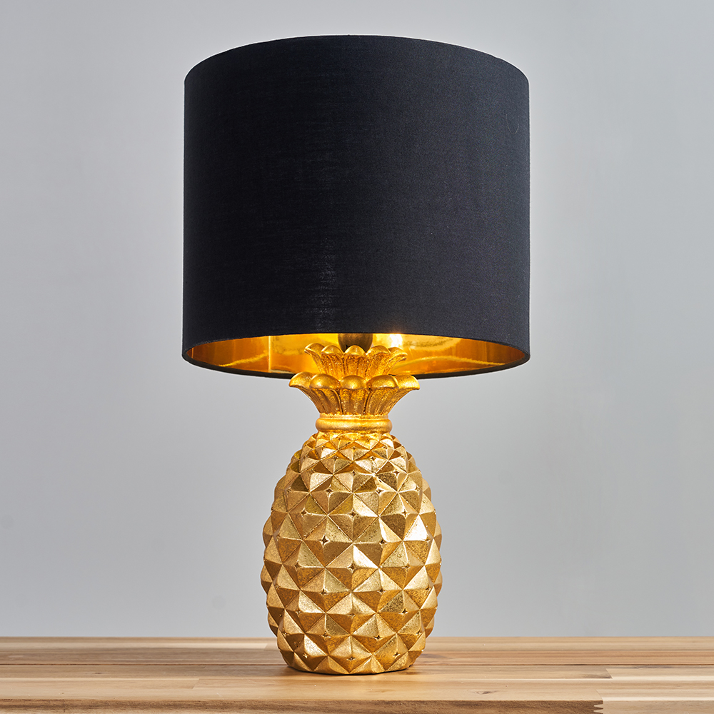 Pineapple Gold Table Lamp with Black and Gold Reni Shade
