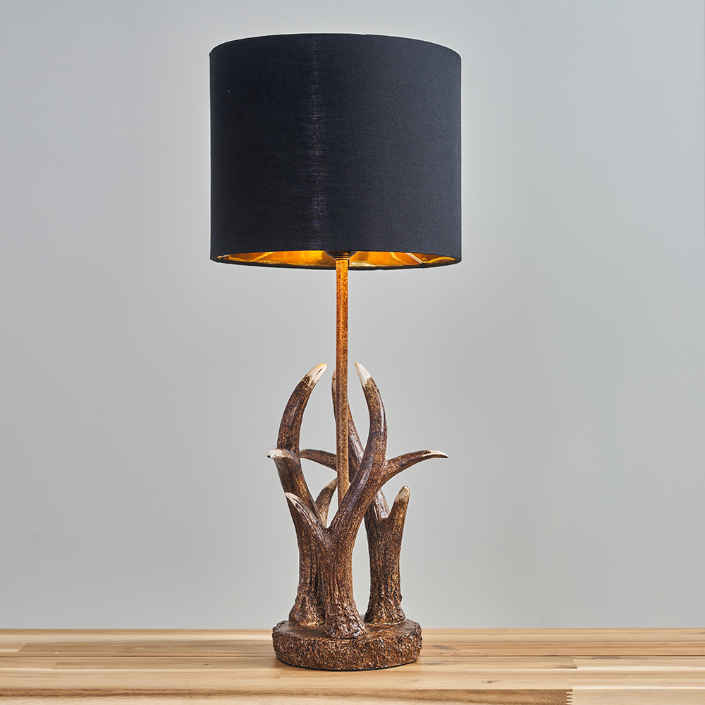 Caribou Antler Table Lamp with Black and Gold Reni Shade