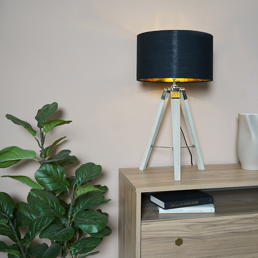 Clipper Light Wood Table Lamp with Large Black and Gold Reni Shade