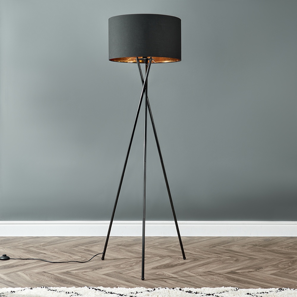 Camden Black Tripod Floor Lamp with XL Black and Gold Reni Shade