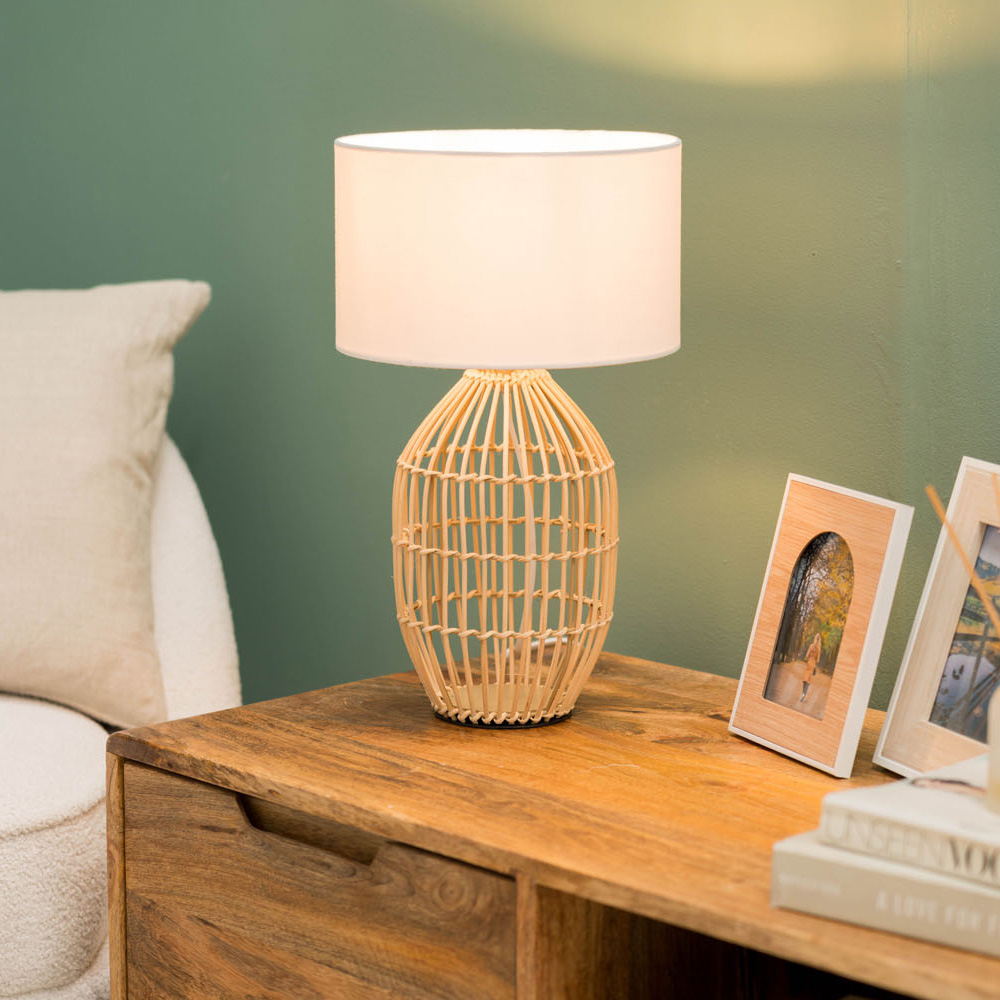 Hollins Small Natural Rattan Table Lamp with White Reni Shade