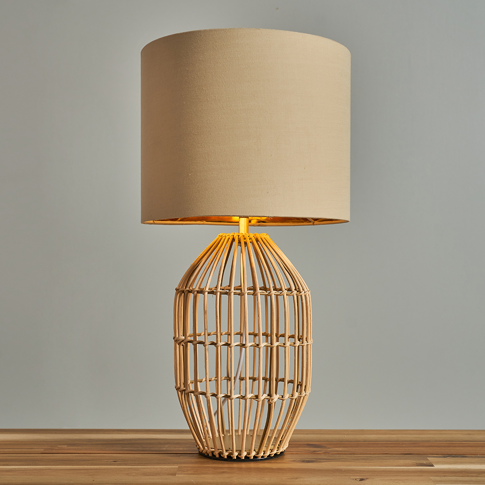 Hollins Small Natural Rattan Table Lamp with Beige and Gold Reni Shad