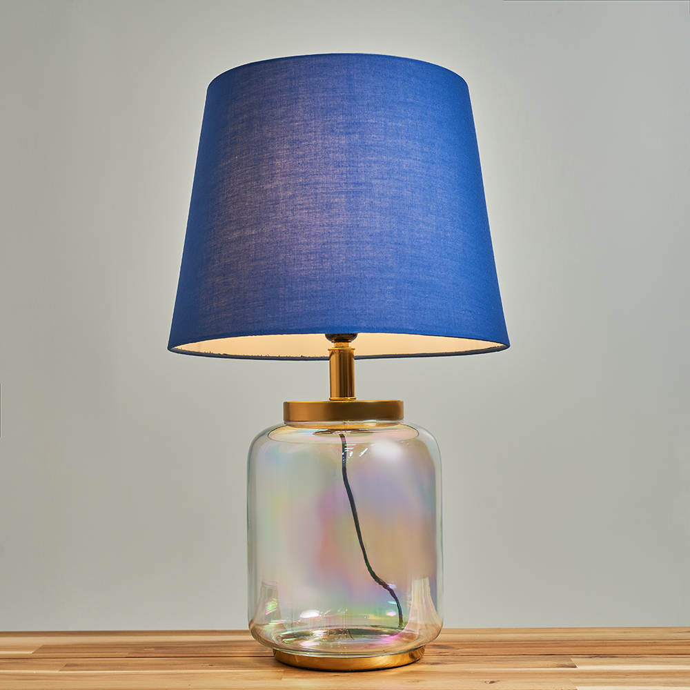 Adria Clear Glass Table Lamp with Large Navy Blue Aspen Shade