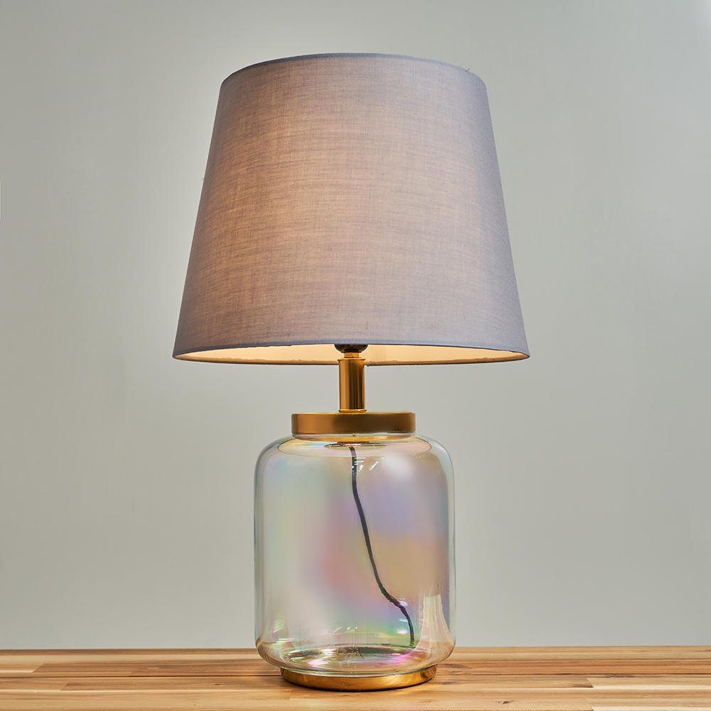 Adria Clear Glass Table Lamp with Large Grey Aspen Shade