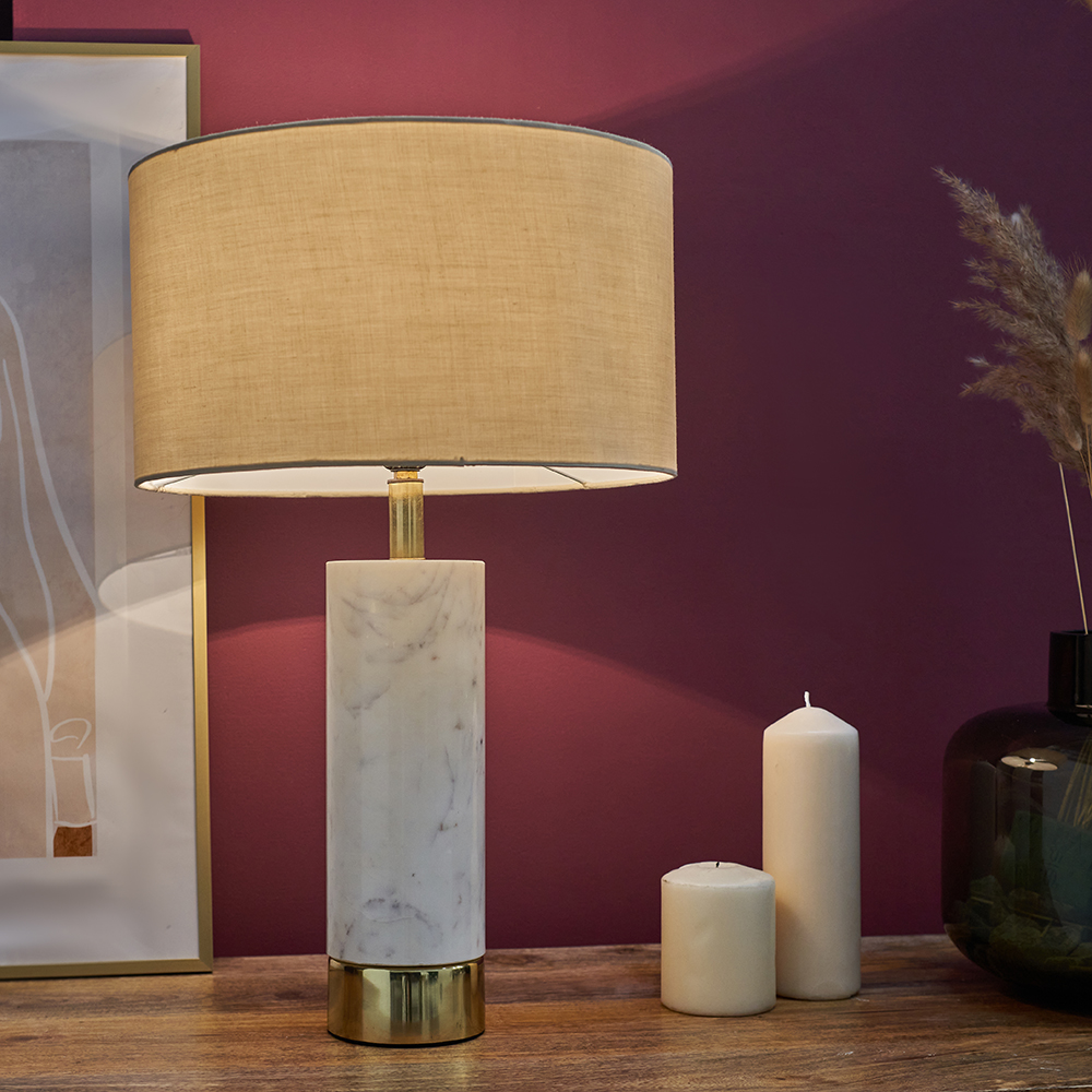 Amias White Marble Table Lamp with Mink Reni Shade