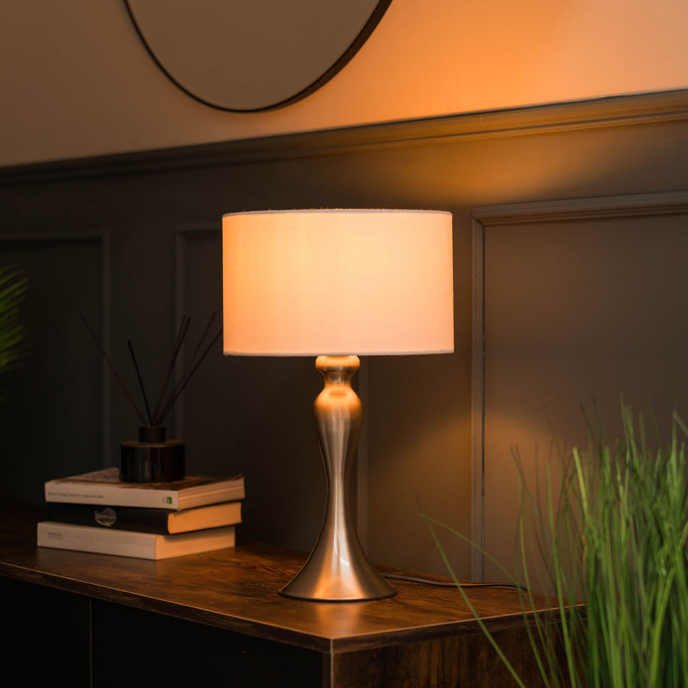 Faulkner Brushed Chrome Table Lamp with Small White Reni Shade