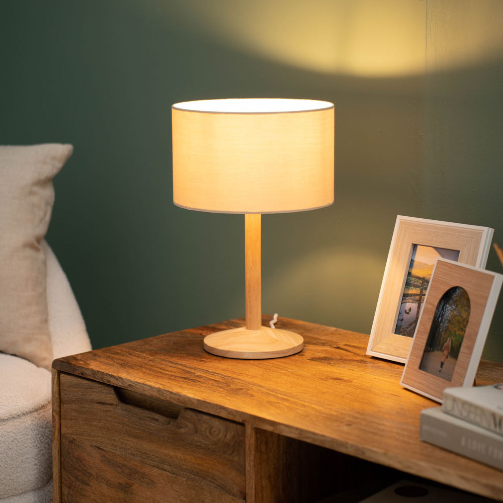 Triston Light Wood Table Lamp with Mink Reni Shade