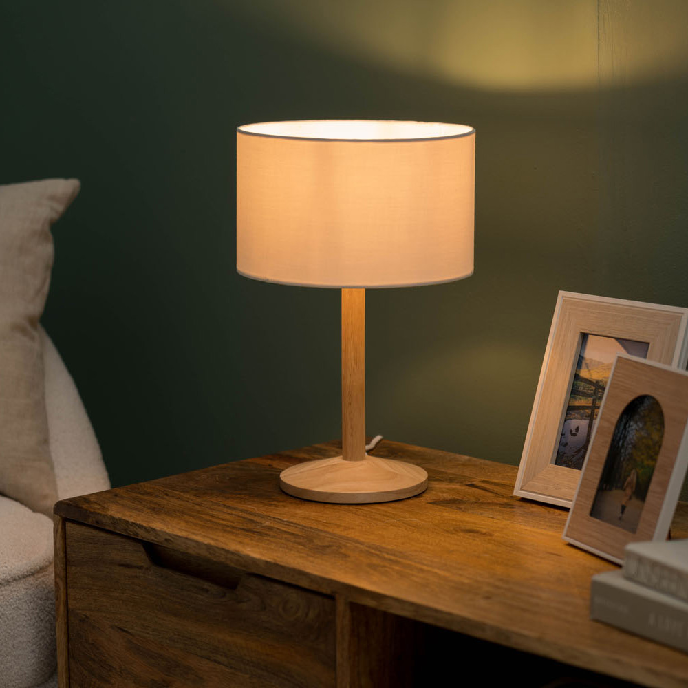 Triston Light Wood Table Lamp with White Reni Shade
