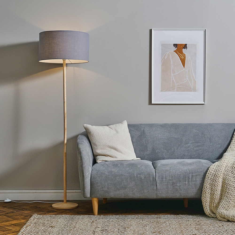 Triston Light Wood Floor Lamp with XL Dark Grey Reni Shade