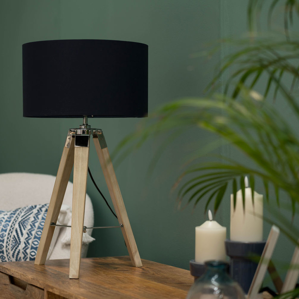 Clipper Light Wood Tripod Table Lamp with Medium Reni Shade in Navy