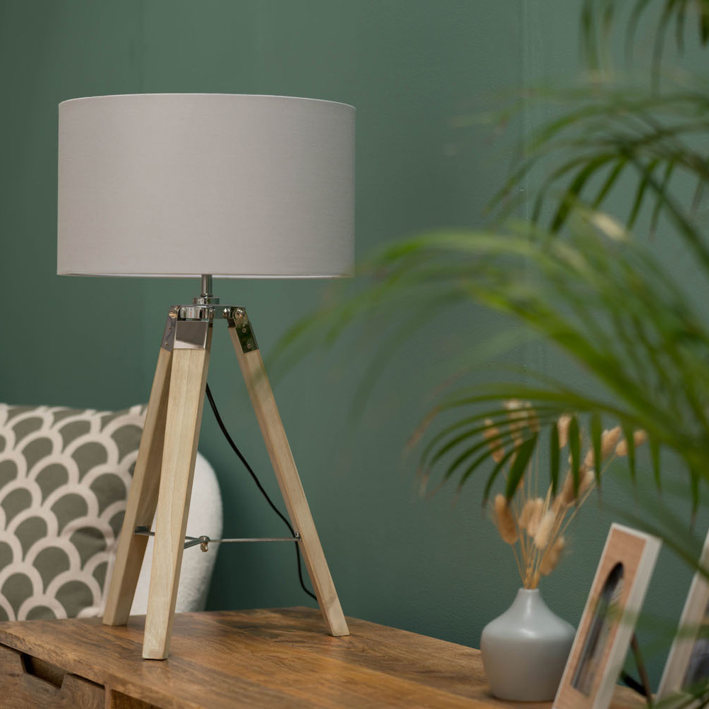 Clipper Light Wood Tripod Table Lamp with Medium Reni Shade in Grey