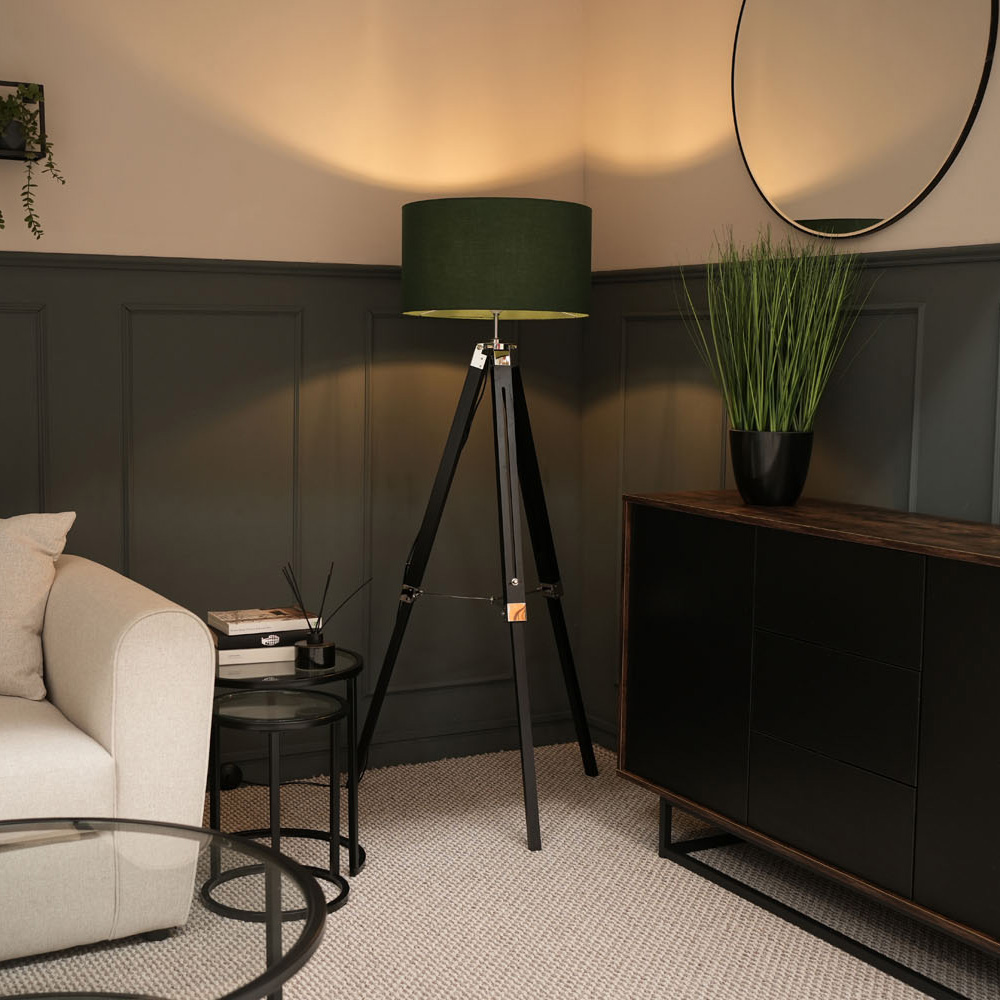Clipper Black Wood Tripod Floor Lamp with Large Reni Shade in Forest