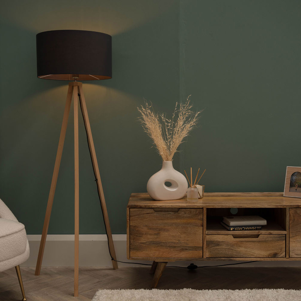 Barbro Light Wood Tripod Floor Lamp with Large Reni Shade in Charcoal