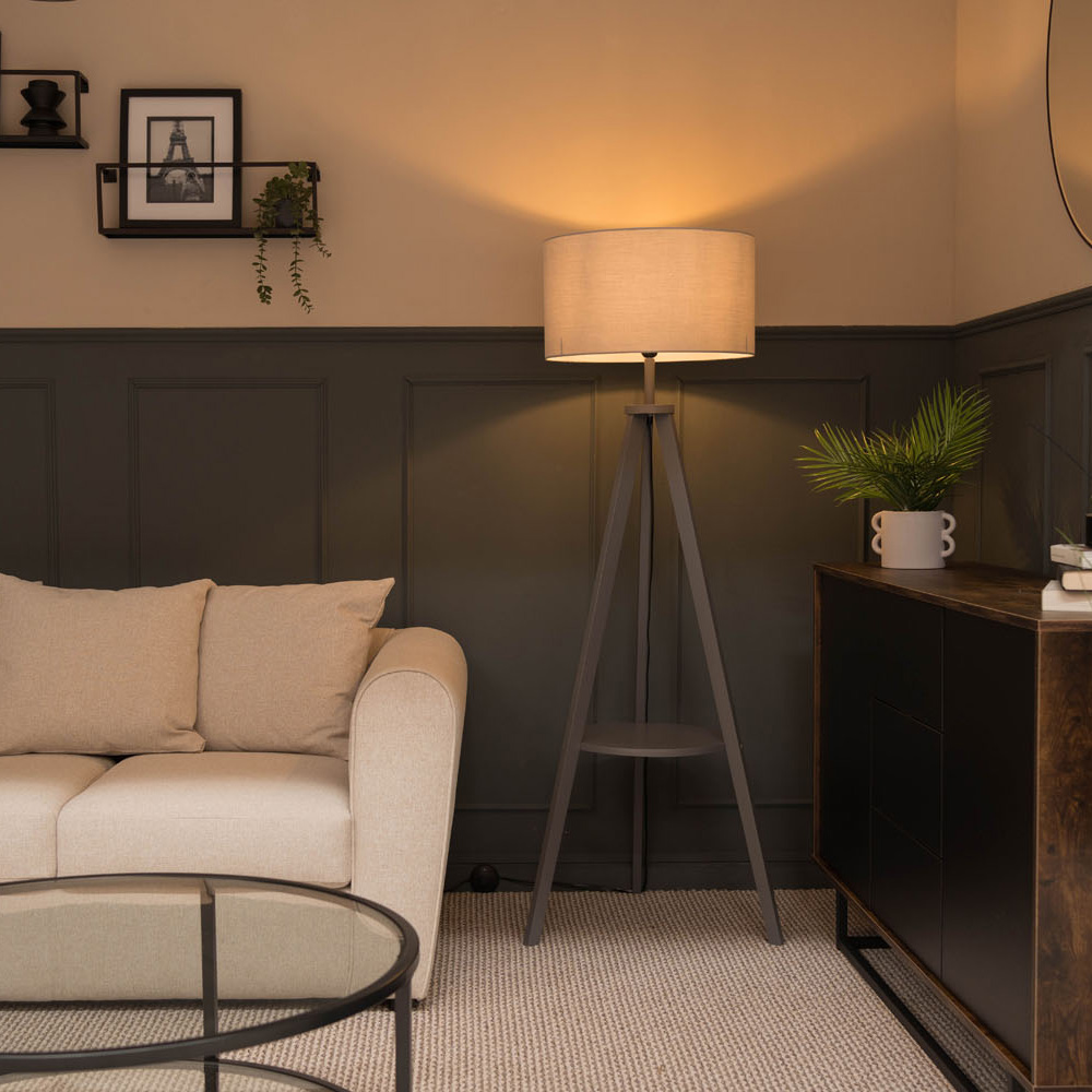 Morrigan Grey Wood Tripod Floor Lamp with Large Reni Shade in Grey