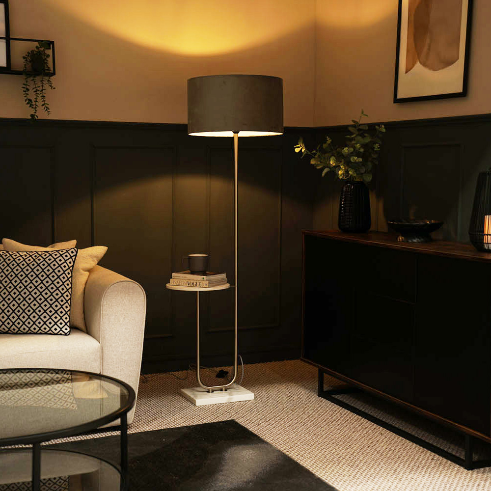 Tavel Brushed Chrome Floor Lamp with Large Velvet Reni Shade in Grey