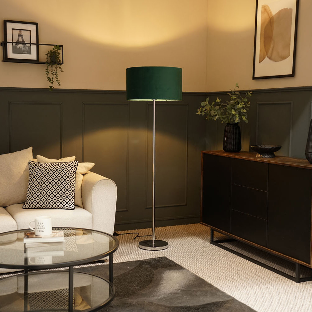 Charlie Chrome Floor Lamp with Large Velvet Reni Shade in Forest Gree