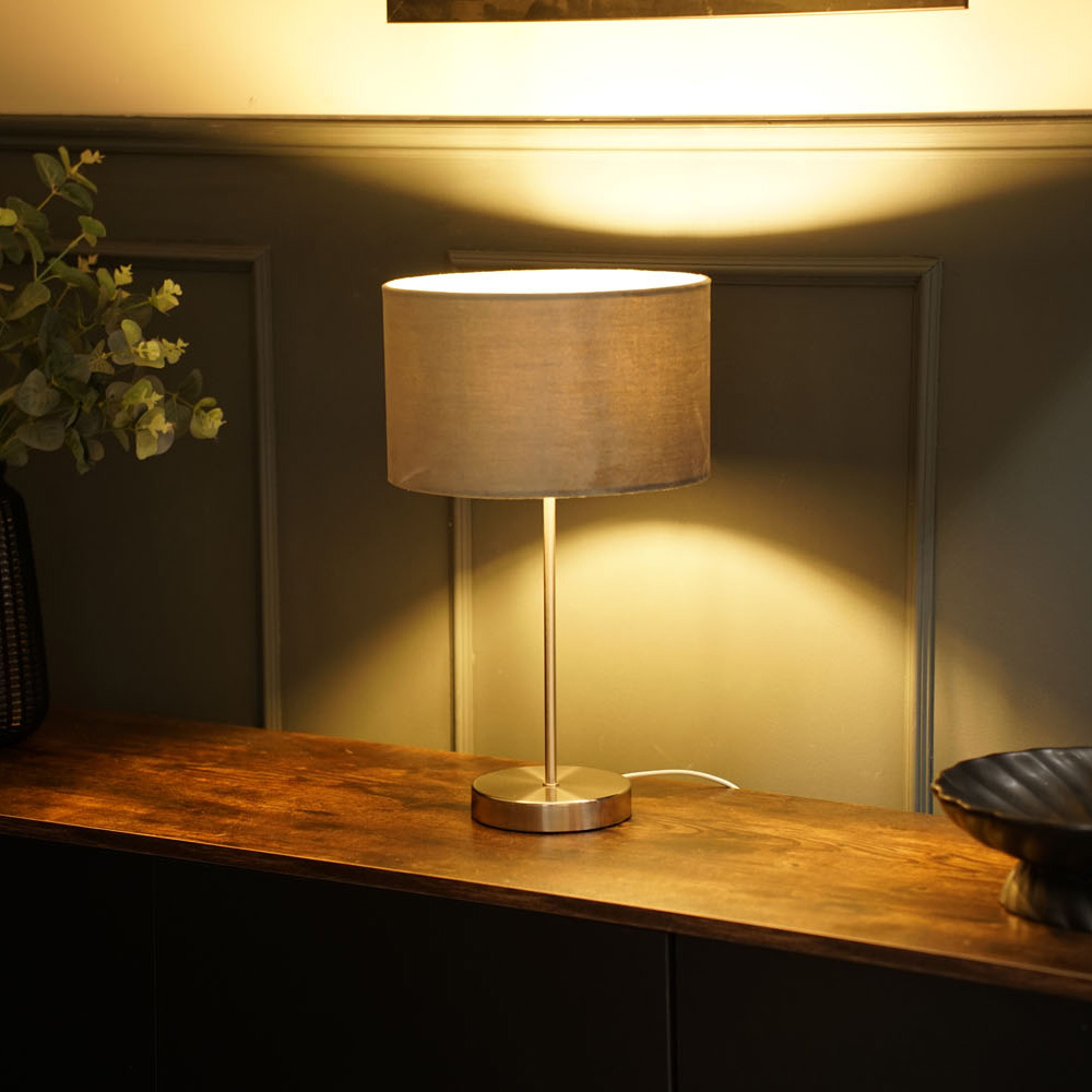 Charlie Brushed Chrome Table Lamp with Small Velvet Reni Shade in Gre
