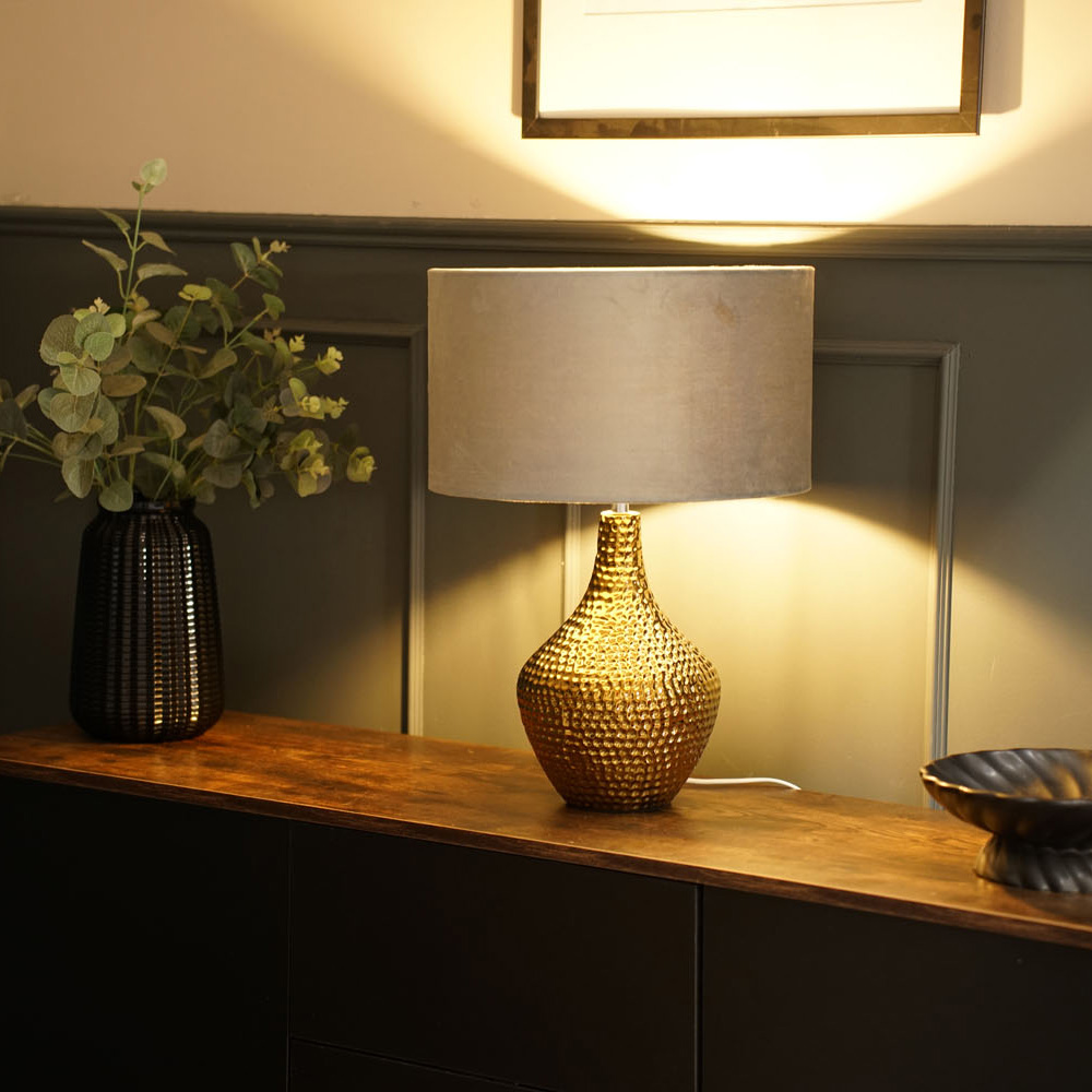 Bailey Gold Table Lamp with Medium Velvet Reni Shade in Grey