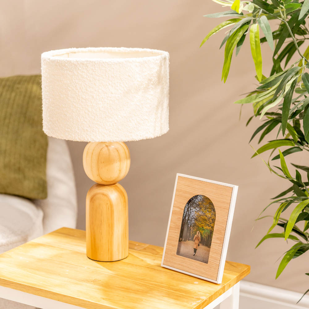 Azalea Turned Oak Table Lamp with Small Boucle Reni Shade in Cream