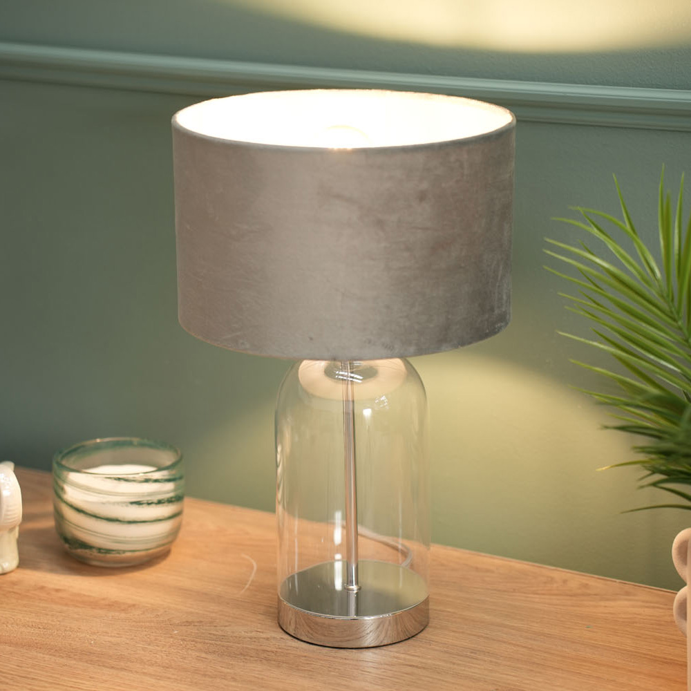 Jessy Silver and Clear Glass Table Lamp with Small Velvet Reni Shade