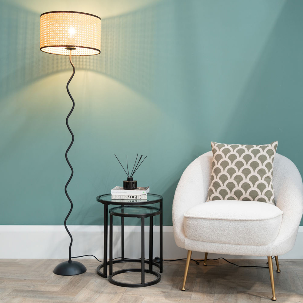 Wiggle Floor Lamp with Reni Medium Cane Shade with Black Trim