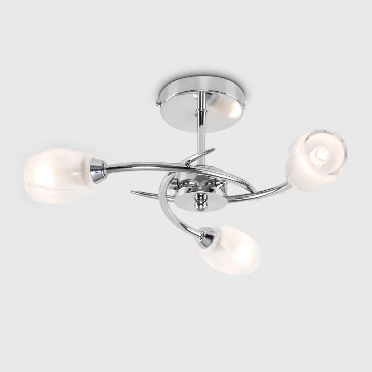 Mia 3 Light Chrome Flush Ceiling Value Lights - 5 Arm Chrome Swirl Ceiling Light With Frosted Glass Shades