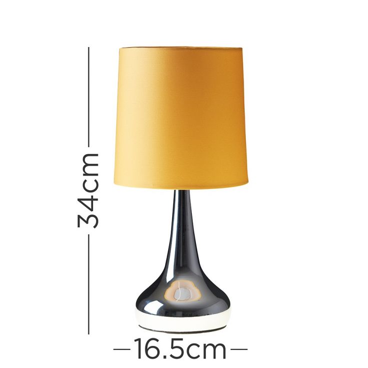 Pair of Chrome Teardrop Touch Table Lamps With Mustard Shade