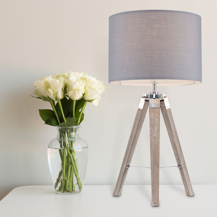 Light Wood Tripod Table Lamp With Grey, Grey Tripod Table Lamp Uk