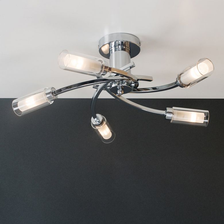 Claudia 5 Light Chrome Flush Ceiling Value Lights - 5 Arm Chrome Swirl Ceiling Light With Frosted Glass Shades