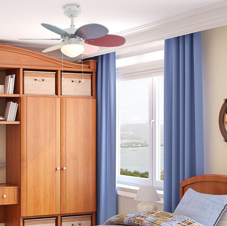 Candy Multi-Coloured Ceiling Fan with Opal Glass Shade on display in a smaller bedroom