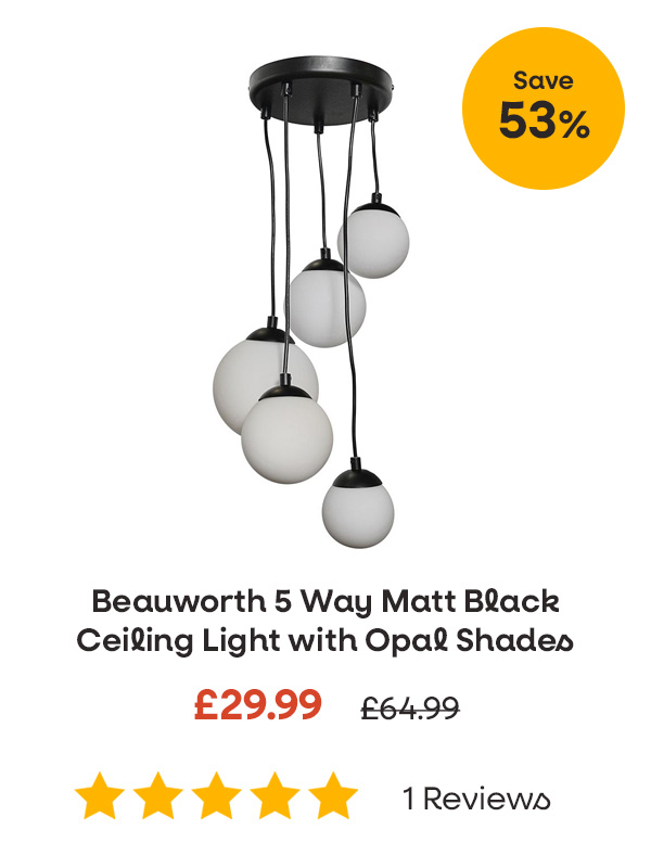 Beauworth 5 Way Matt Black Ceiling Light with Opal Shades